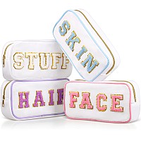 Cunno 4 Pcs Preppy Makeup Bag Chenille Letter Nylon Cosmetic Bag Makeup Bag Toiletry Cosmetic Case Preppy Bag With Zipper Stuff