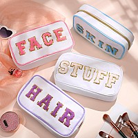 Cunno 4 Pcs Preppy Makeup Bag Chenille Letter Nylon Cosmetic Bag Makeup Bag Toiletry Cosmetic Case Preppy Bag With Zipper Stuff