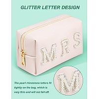 Besharppin Mrs Preppy Makeup Bag Pearl Rhinestone Cosmetic Bag With Mrs Letter Bridal Shower Gifts For Wedding