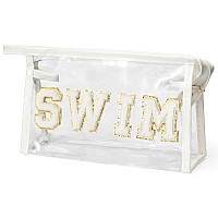 Y1Tvei Clear Swim Makeup Bag Preppy White Swim Chenille Varsity Letter Patch Cosmetic Bag Large Pvc Transparent Waterproof Sun