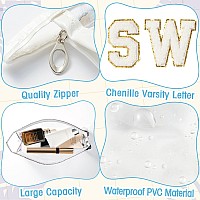 Y1Tvei Clear Swim Makeup Bag Preppy White Swim Chenille Varsity Letter Patch Cosmetic Bag Large Pvc Transparent Waterproof Sun