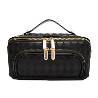 Cessfle Travel Makeup Bag Large Travel Cosmetic Bag For Women White Checkered Makeup Bag Leather Make Up Bag Lay Flat Toiletry