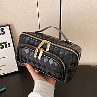 Cessfle Travel Makeup Bag Large Travel Cosmetic Bag For Women White Checkered Makeup Bag Leather Make Up Bag Lay Flat Toiletry