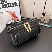 Cessfle Travel Makeup Bag Large Travel Cosmetic Bag For Women White Checkered Makeup Bag Leather Make Up Bag Lay Flat Toiletry