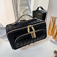 Cessfle Travel Makeup Bag Large Travel Cosmetic Bag For Women White Checkered Makeup Bag Leather Make Up Bag Lay Flat Toiletry