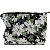 Happyheidi Large Black Embroidery Floral Makeup Bag Cosmetic Toiletries Travel Pouch Canvas Lined Purse Organizer White Green