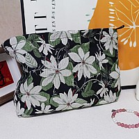 Happyheidi Large Black Embroidery Floral Makeup Bag Cosmetic Toiletries Travel Pouch Canvas Lined Purse Organizer White Green