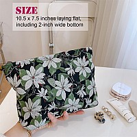 Happyheidi Large Black Embroidery Floral Makeup Bag Cosmetic Toiletries Travel Pouch Canvas Lined Purse Organizer White Green