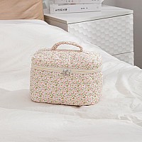 Uekeboag Large Travel Quilted Makeup Bag For Women Floral Cotton Cosmetic Bag Coquette Aesthetic Floral Toiletry Organizer Bag