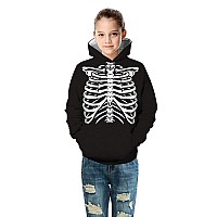 Ainuno Skeleton Hoodie Kids Halloween Sweatshirts With Hood Black White Skull Jacket For Teenager Boy Junior Girl Size Age 7 8 Y