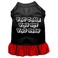 Mirage Pet Products 12-Inch You Come, You Sit, You Stay Screen Print Dress, Medium, Black with Red