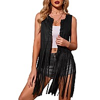 Hotouch Black Vest Women Sleeveless Jacket 70S Costume Cowgirl Fringe Vest Soft Tassel Detail Western Vest Lightweight Cardigan