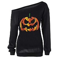 Dutebare Halloween Shirts For Women Off Shoulder Tops Long Sleeve Pumpkin Sweatshirt Black B 3Xl