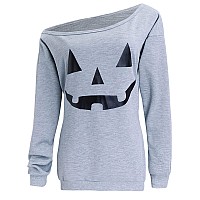 Lymanchi Women Slouchy Shirts Halloween Pumpkin Long Sleeve Pullover Sweatshirts Gray S