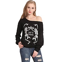 Lufeng Womens Christmas Halloween Off Shoulder Skeleton Printing Funny Tshirt Long Sleeve Sweatshirts Pullover Tops Black