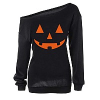 Dutebare Women Halloween Shirts Pumpkin Off Shoulder Sweatshirt Slouchy Long Sleeve Pullover Tops Black C S