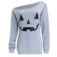 Dutebare Women Halloween Sweatshirt Pumpkin Off Shoulder Shirt Long Sleeve Halloween Sweaters Light Grey C Xl