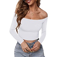 Huhot White Satin Costume Long Sleeve A Top Basic Boat Neck Offshoulder Top For Halloween Party