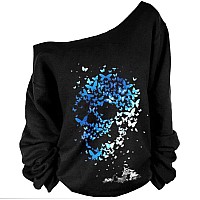 Roshop Womens Loose Baggy Off Shoulder Cute Holiday Long Sleeve Scary Skull Halloween Sweatshirt Tops Bl Xl Blue