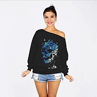 Roshop Womens Loose Baggy Off Shoulder Cute Holiday Long Sleeve Scary Skull Halloween Sweatshirt Tops Bl Xl Blue