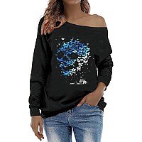 Roshop Womens Loose Baggy Off Shoulder Cute Holiday Long Sleeve Scary Skull Halloween Sweatshirt Tops Bl Xl Blue