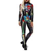 Fixmatti Women Long Sleeve Full Body Skeleton Halloween Costume Catsuit M