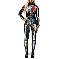 Fixmatti Women Long Sleeve Full Body Skeleton Halloween Costume Catsuit M