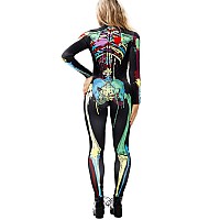 Fixmatti Women Long Sleeve Full Body Skeleton Halloween Costume Catsuit M