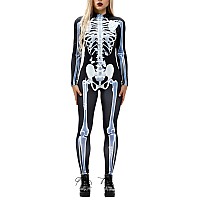 Fixmatti Women Halloween Skull Printed Stretchy Skin Body Suit Cosplay Costume M