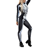 Fixmatti Women Halloween Skull Printed Stretchy Skin Body Suit Cosplay Costume M