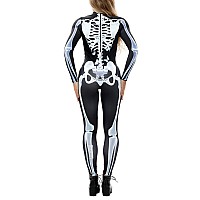 Fixmatti Women Halloween Skull Printed Stretchy Skin Body Suit Cosplay Costume M