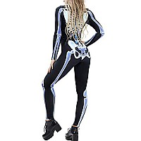 Fixmatti Women Halloween Skull Printed Stretchy Skin Body Suit Cosplay Costume M