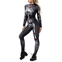 Fixmatti Halloween Human Skull 3D Print Funny Skinny Stretch Costume Overall Jumpsuit L