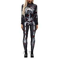 Fixmatti Halloween Human Skull 3D Print Funny Skinny Stretch Costume Overall Jumpsuit L