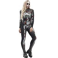 Fixmatti Halloween Human Skull 3D Print Funny Skinny Stretch Costume Overall Jumpsuit L