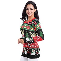 V28 Varied Ugly Christmas Sweater For Women Merry Reindeer Shirt Knit Sweaters Large Deer Snowman Black