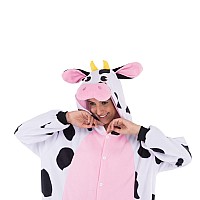 Spooktacular Creations Cow Pajama Plush Cow Costume One Piece Cow Outfit Hooded Pink Cow Halloween Costume Sleepwear For Hallo