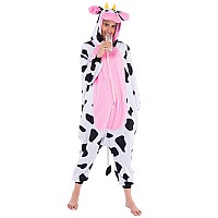 Spooktacular Creations Cow Pajama Plush Cow Costume One Piece Cow Outfit Hooded Pink Cow Halloween Costume Sleepwear For Hallo