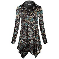 Cestyle Floral Tops For Women Ladies Long Sleeve Button Cowl Neck Tunic Fit And Flare Petite A Line Irregular Hem Lightweight F