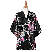 Black - Short Women's Pajamas Silk-like Bathrobe Kimono Robe Peacock/Blossoms