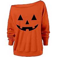 Roshop Womens Loose Baggy Off Shoulder Cute Holiday Long Sleeve Jack O Lantern Halloween Sweatshirt Tops 1 M