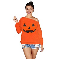 Roshop Womens Loose Baggy Off Shoulder Cute Holiday Long Sleeve Jack O Lantern Halloween Sweatshirt Tops 1 M