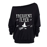 Roshop Womens Loose Baggy Off Shoulder Cute Holiday Long Sleeve Frequent Flyer Witch Halloween Sweatshirt Tops B7 Xxl