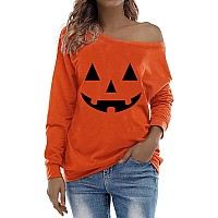 Roshop Womens Loose Baggy Off Shoulder Cute Holiday Long Sleeve Jack O Lantern Halloween Sweatshirt Tops 1 Xxl