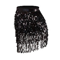 Syhood 2 Pcs Sequin Tassel Skirt Hip Scarf Belly Dance Belt Performance Skirt For Women And Girls Halloween Cosplaybasicblack