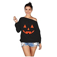 Roshop Womens Loose Baggy Off Shoulder Cute Holiday Long Sleeve Jack O Lantern Halloween Sweatshirt Tops B8 Xl