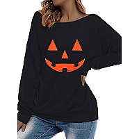 Roshop Womens Loose Baggy Off Shoulder Cute Holiday Long Sleeve Jack O Lantern Halloween Sweatshirt Tops B8 M