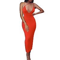 Primoda Womens Sexy Neon Asymmetrical Spaghetti Strap Orange Dress Halloween Costume Sleeveless Bodycon Midi Club Dresss