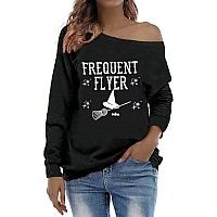 Roshop Womens Loose Baggy Off Shoulder Cute Holiday Long Sleeve Frequent Flyer Witch Halloween Sweatshirt Tops B7 3Xl