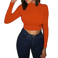 Artfish Women Long Sleeve Turtleneck Crop Top Mock Neck Fitted Shirts Halloween Velma Costume Orange L